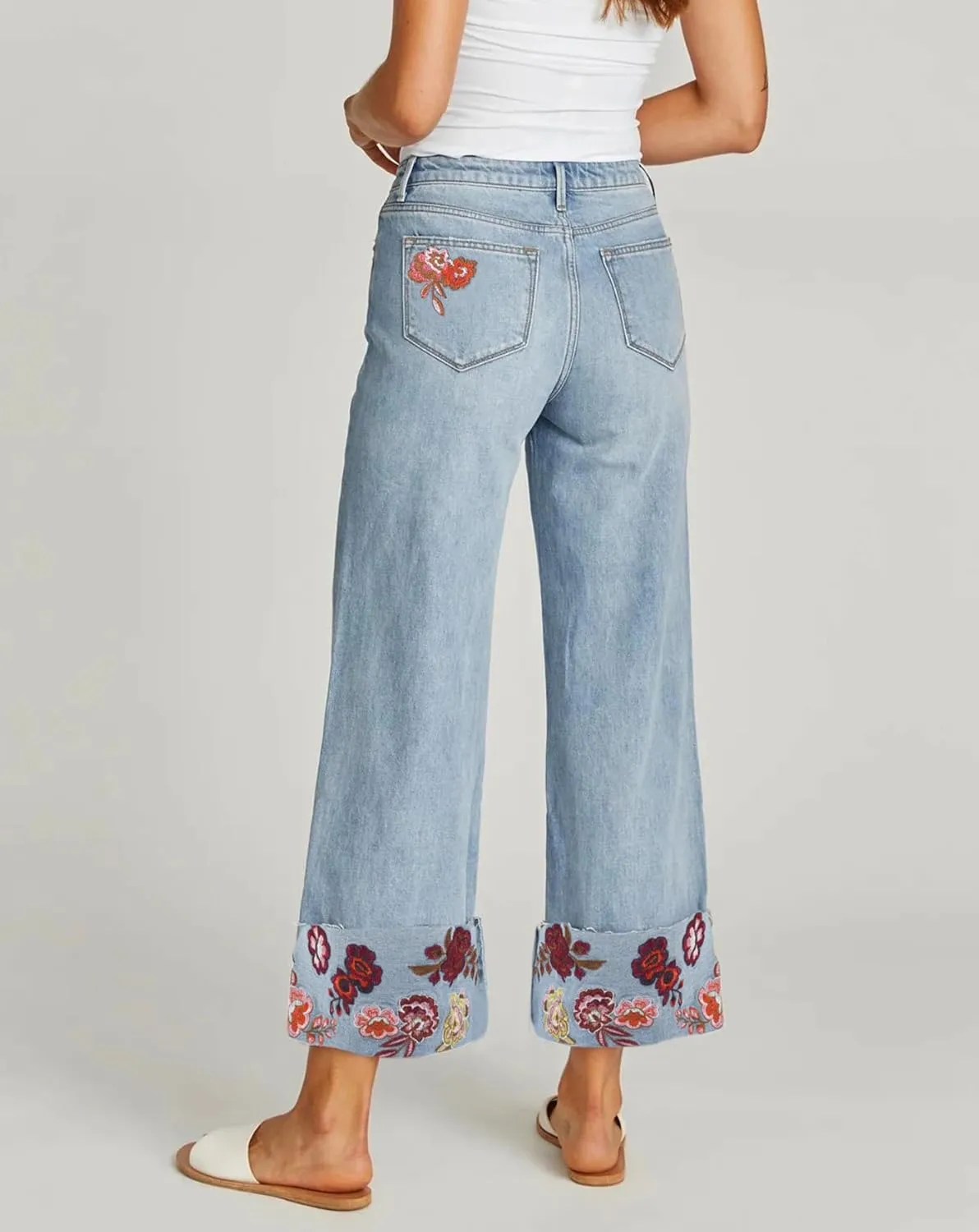 Embroidered Jeans for Women Floral Mid Rise Wide Leg Jeans Baggy Cuffed Flower Stretch Denim Pants