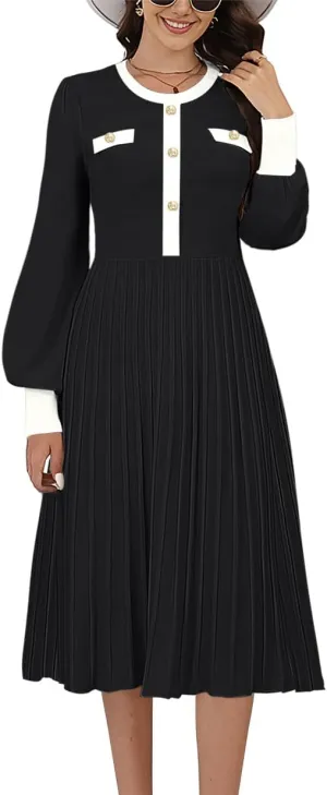 ETCYY Women's Casual Long Sleeve Midi Dress 2025 Striped Fall Sweater Work Button Pleated A Line Ribbed Knit Dresses
