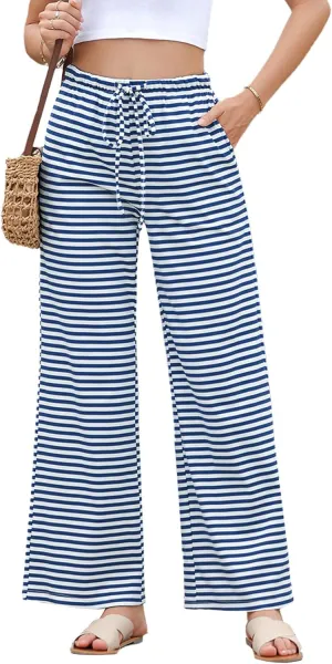 EVALESS Wide Leg Pants for Women Drawstring Elastic Waist Stripe Ribbed Sweatpants with Pockets