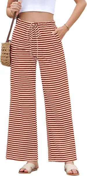 EVALESS Wide Leg Pants for Women Drawstring Elastic Waist Stripe Ribbed Sweatpants with Pockets