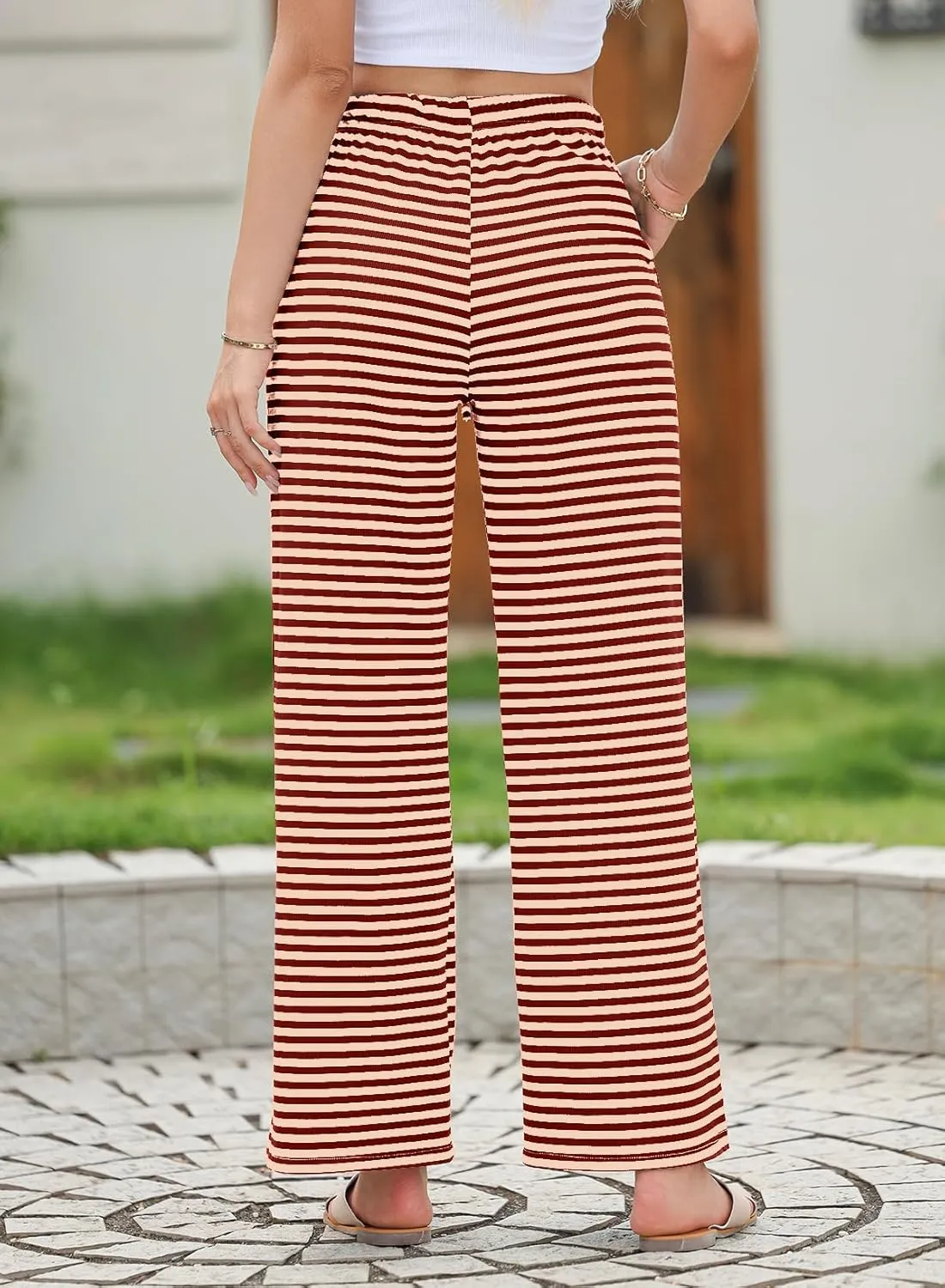 EVALESS Wide Leg Pants for Women Drawstring Elastic Waist Stripe Ribbed Sweatpants with Pockets
