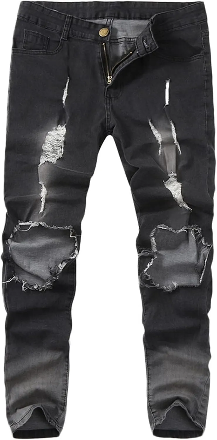evzosrz Mens Skinny Stretch Denim Pants Slim Fit Ripped Tapered Jeans Distressed Destroyed Ripped Freyed Holes Skinny Trouser