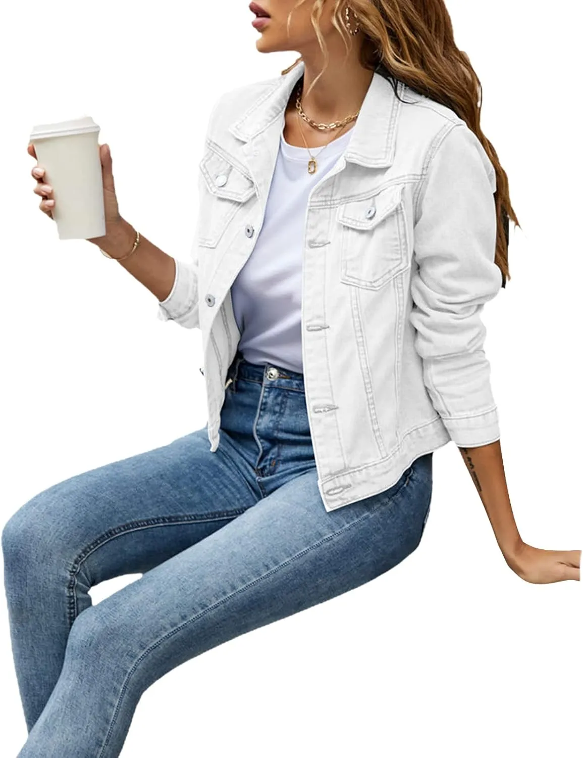 Fanvereka Jean Jackets for Women Fashion Casual Denim Jacket Long Sleeve Button Down Chest Pocket Coat