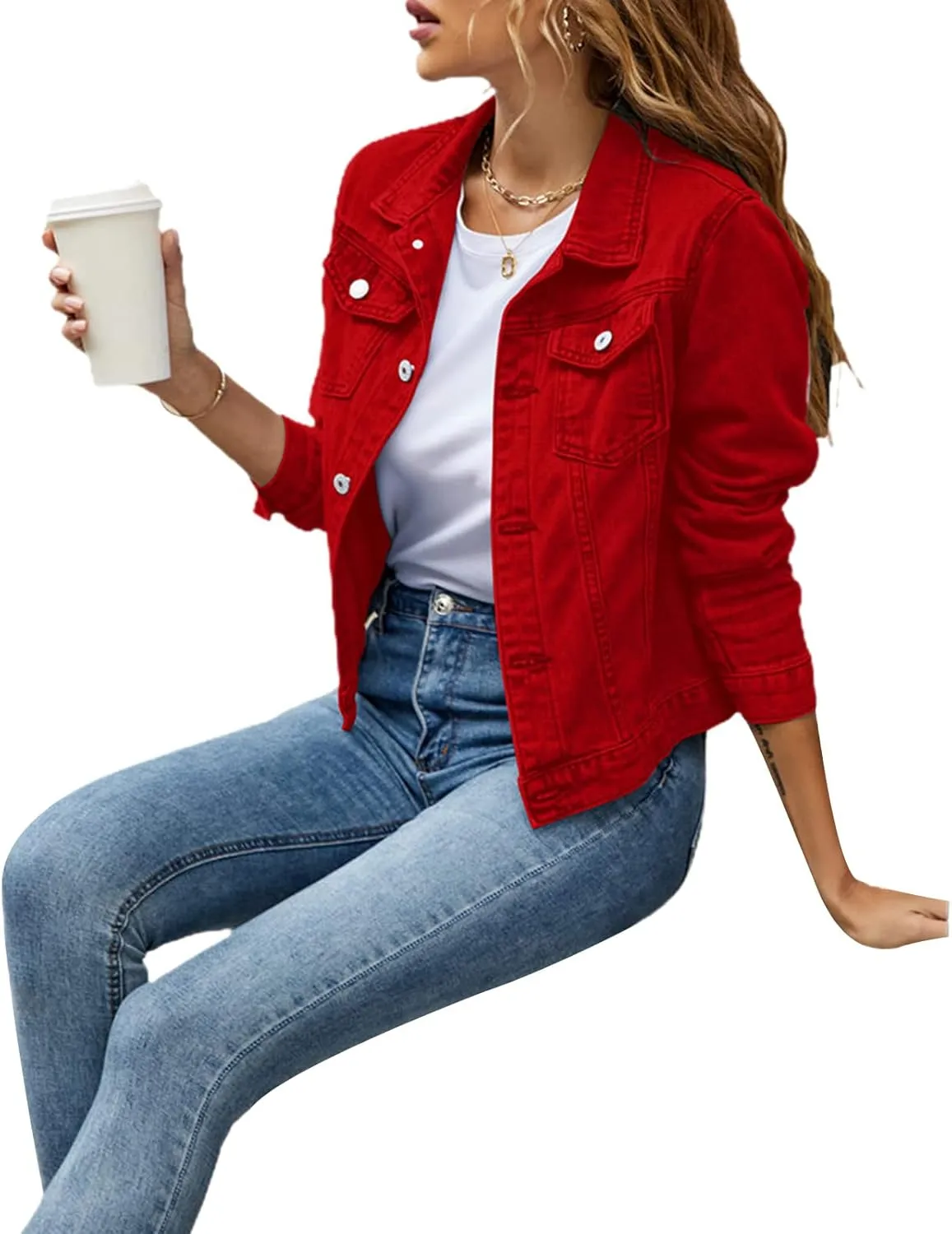 Fanvereka Jean Jackets for Women Fashion Casual Denim Jacket Long Sleeve Button Down Chest Pocket Coat
