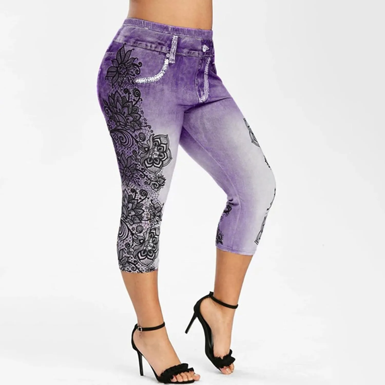 Faux Denim Leggings for Women Plus Size High Waisted Yoga Pants Capri Jeggings Short Tights Stretch Denim Jeans