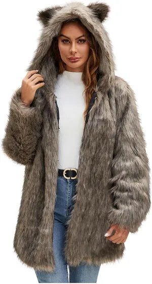 Faux Fur Jacket Women Cute Cat Ear Hoodie Fuzzy Fleece Jacket Hooded Open Front Cardigan Mid Length Winter Coats
