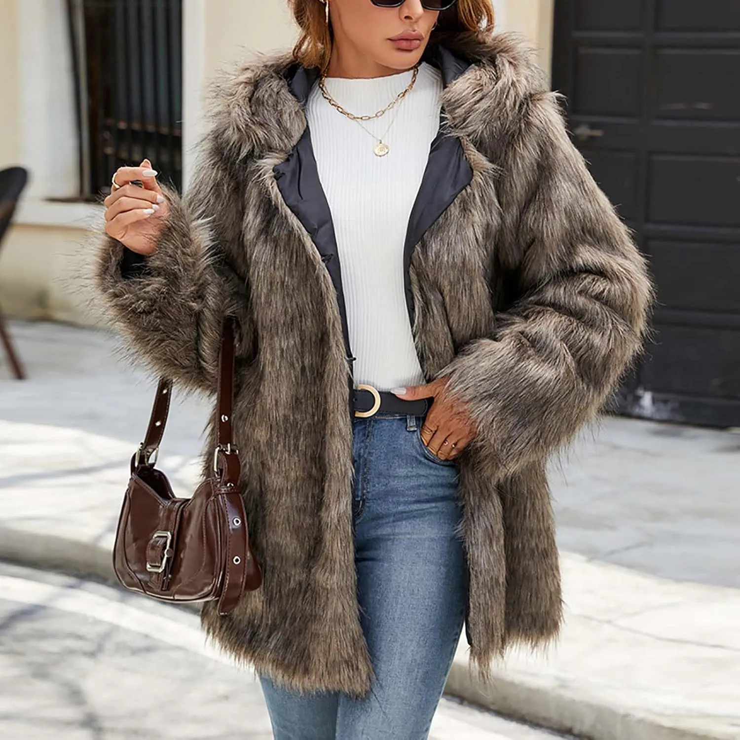 Faux Fur Jacket Women Cute Cat Ear Hoodie Fuzzy Fleece Jacket Hooded Open Front Cardigan Mid Length Winter Coats