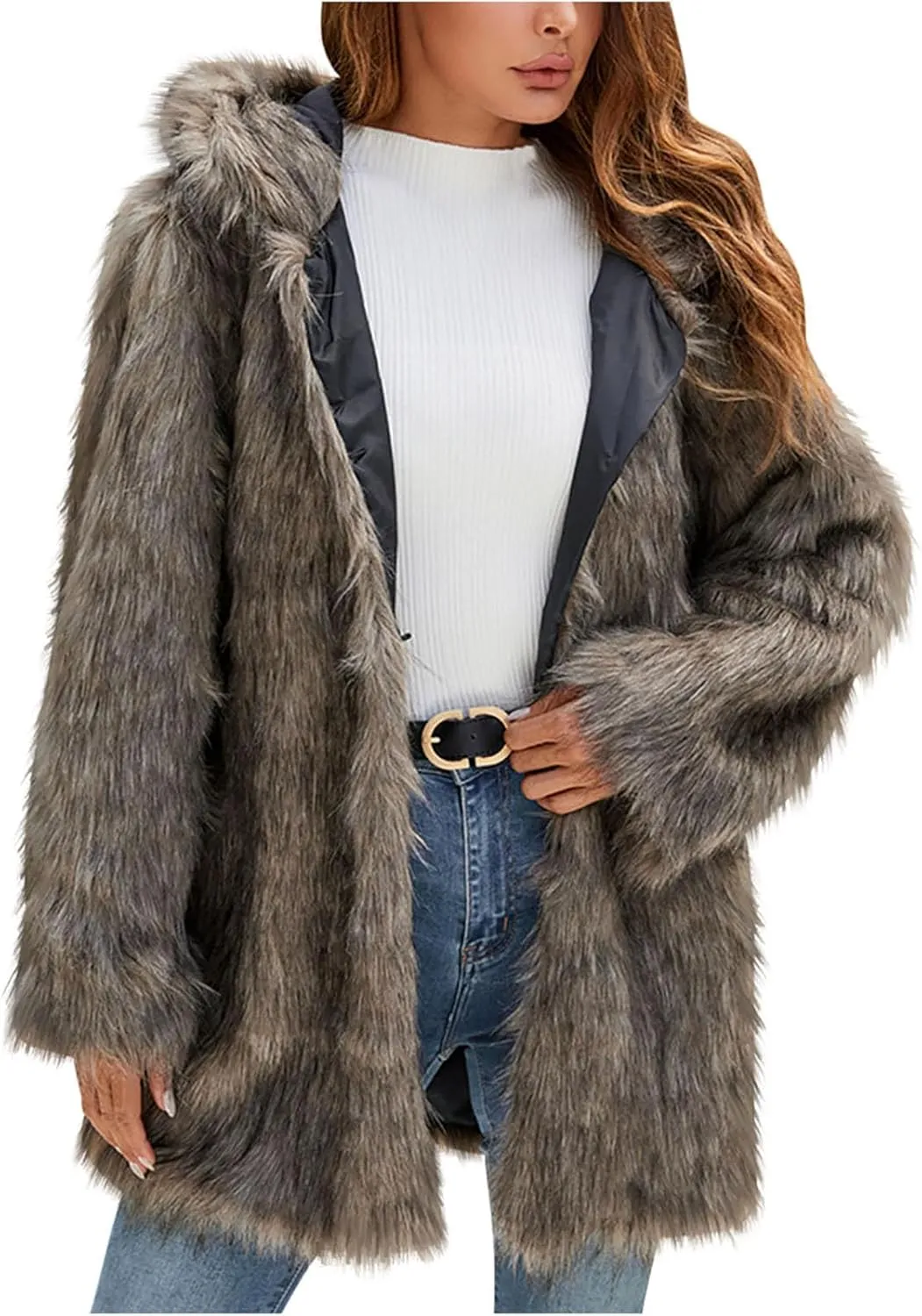 Faux Fur Jacket Women Cute Cat Ear Hoodie Fuzzy Fleece Jacket Hooded Open Front Cardigan Mid Length Winter Coats