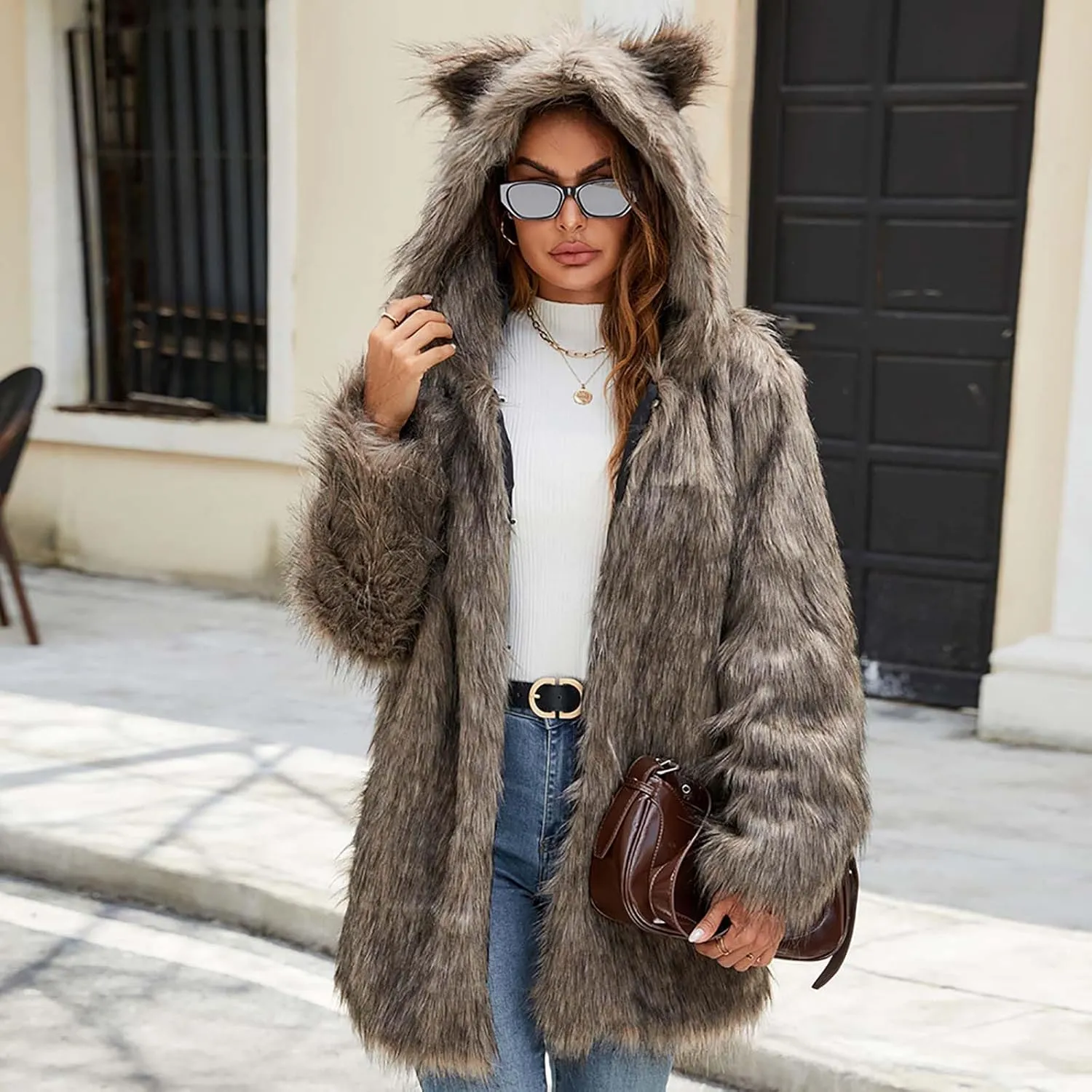 Faux Fur Jacket Women Cute Cat Ear Hoodie Fuzzy Fleece Jacket Hooded Open Front Cardigan Mid Length Winter Coats