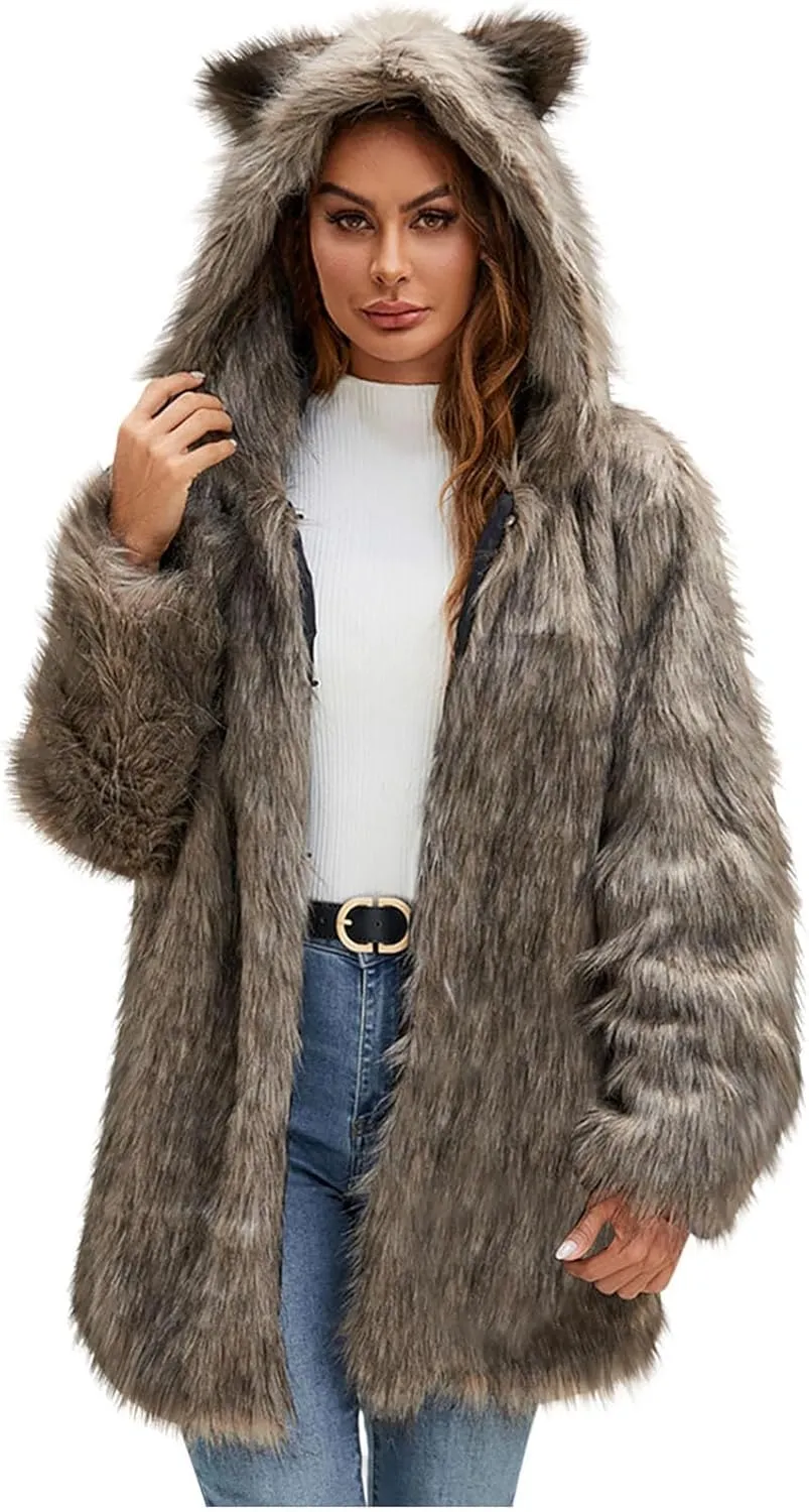 Faux Fur Jacket Women Cute Cat Ear Hoodie Fuzzy Fleece Jacket Hooded Open Front Cardigan Mid Length Winter Coats