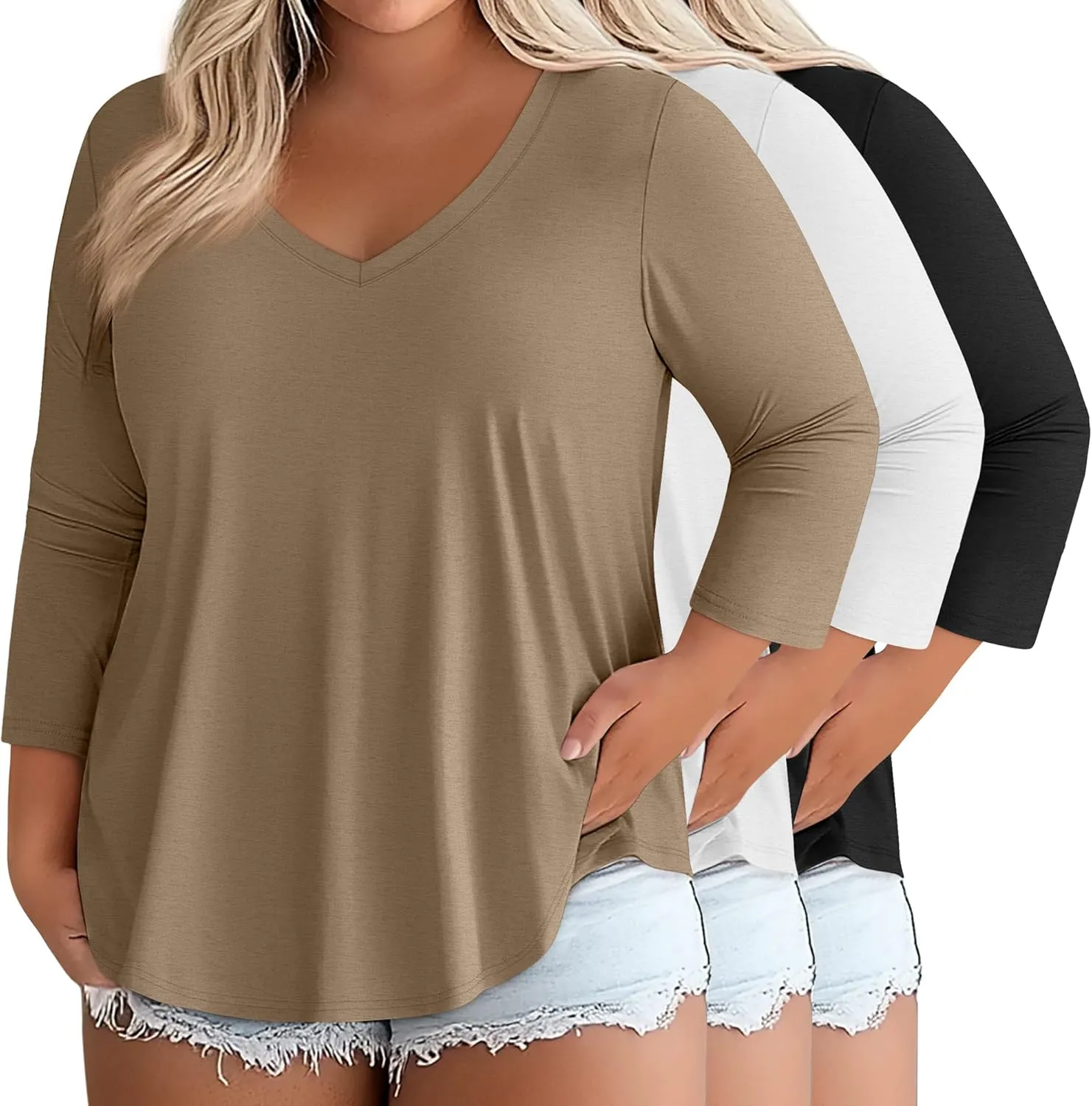 Ficerd 3 Pack Cotton Plus Size 3/4 Sleeve Tops for Women V Neck T-Shirts Casual Loose Fit Trendy Basic Tees Clothes