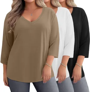 Ficerd 3 Pack Cotton Plus Size 3/4 Sleeve Tops for Women V Neck T-Shirts Casual Loose Fit Trendy Basic Tees Clothes