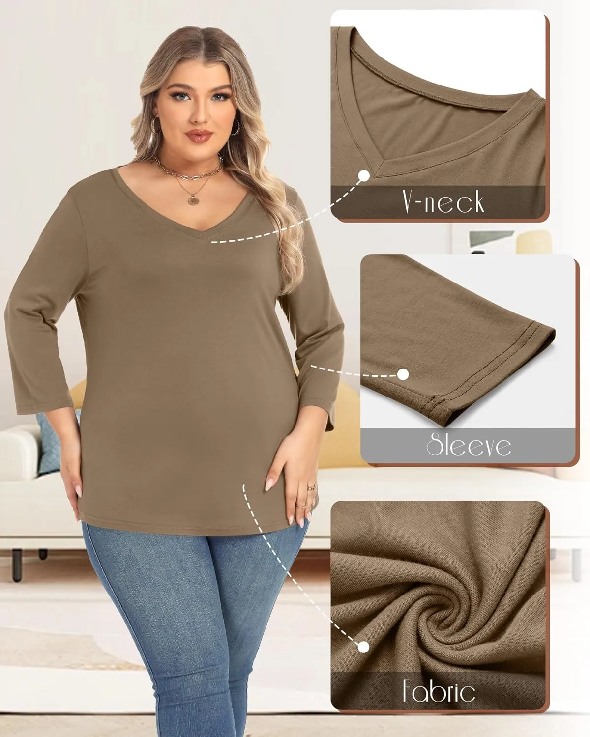 Ficerd 3 Pack Cotton Plus Size 3/4 Sleeve Tops for Women V Neck T-Shirts Casual Loose Fit Trendy Basic Tees Clothes