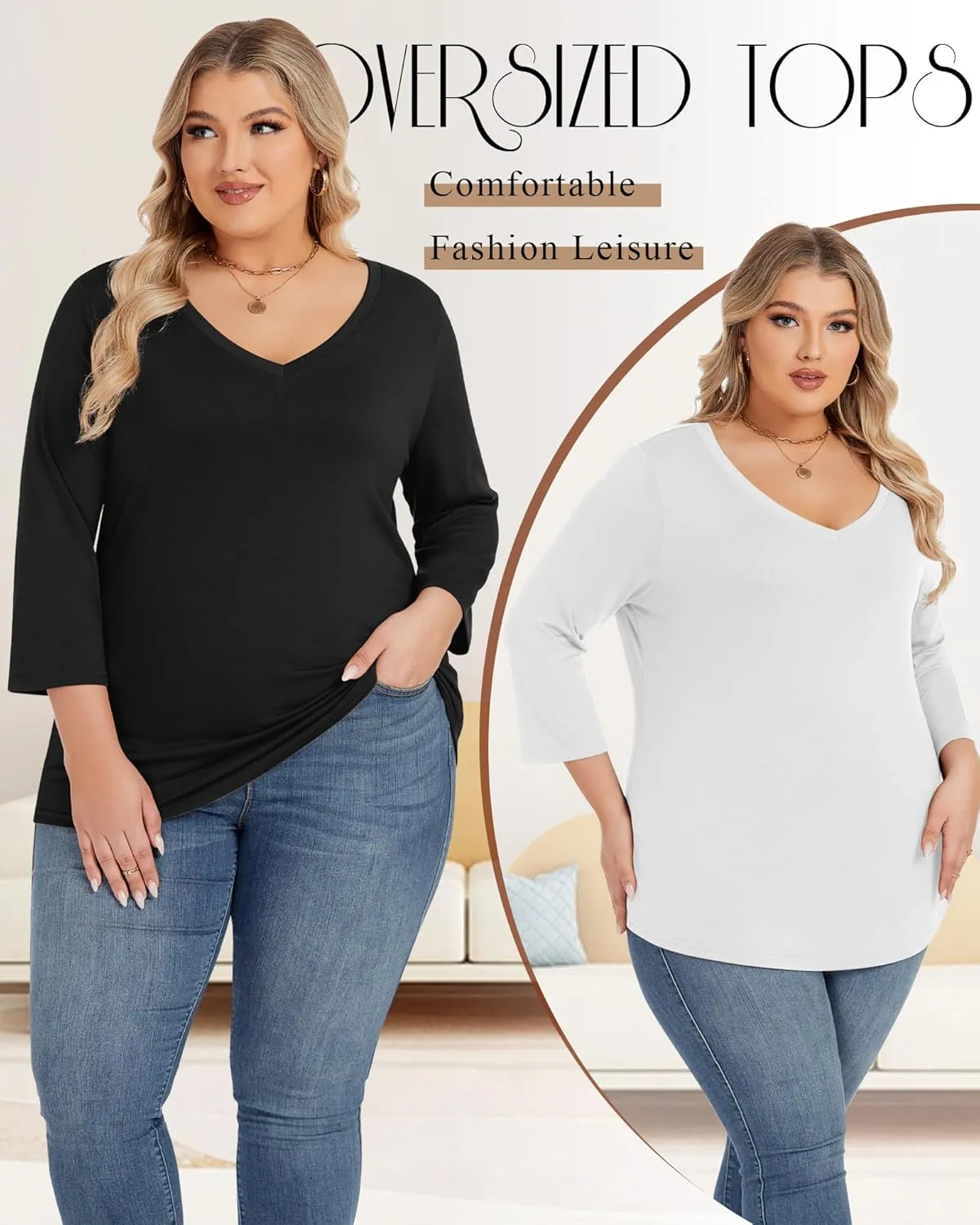 Ficerd 3 Pack Cotton Plus Size 3/4 Sleeve Tops for Women V Neck T-Shirts Casual Loose Fit Trendy Basic Tees Clothes