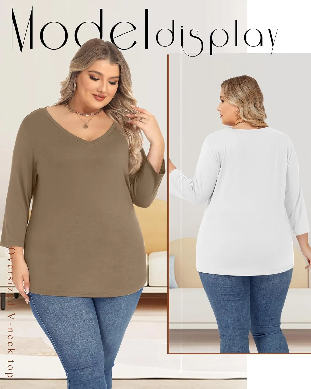 Ficerd 3 Pack Cotton Plus Size 3/4 Sleeve Tops for Women V Neck T-Shirts Casual Loose Fit Trendy Basic Tees Clothes
