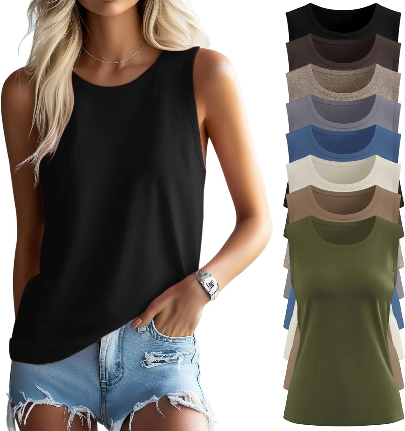 Ficerd 8 Pack Womens Sleeveless Tops, Crew Neck Loose Fit Tank Tops Basic Summer Cotton Shirts Casual 2025 Fashion T Shirts