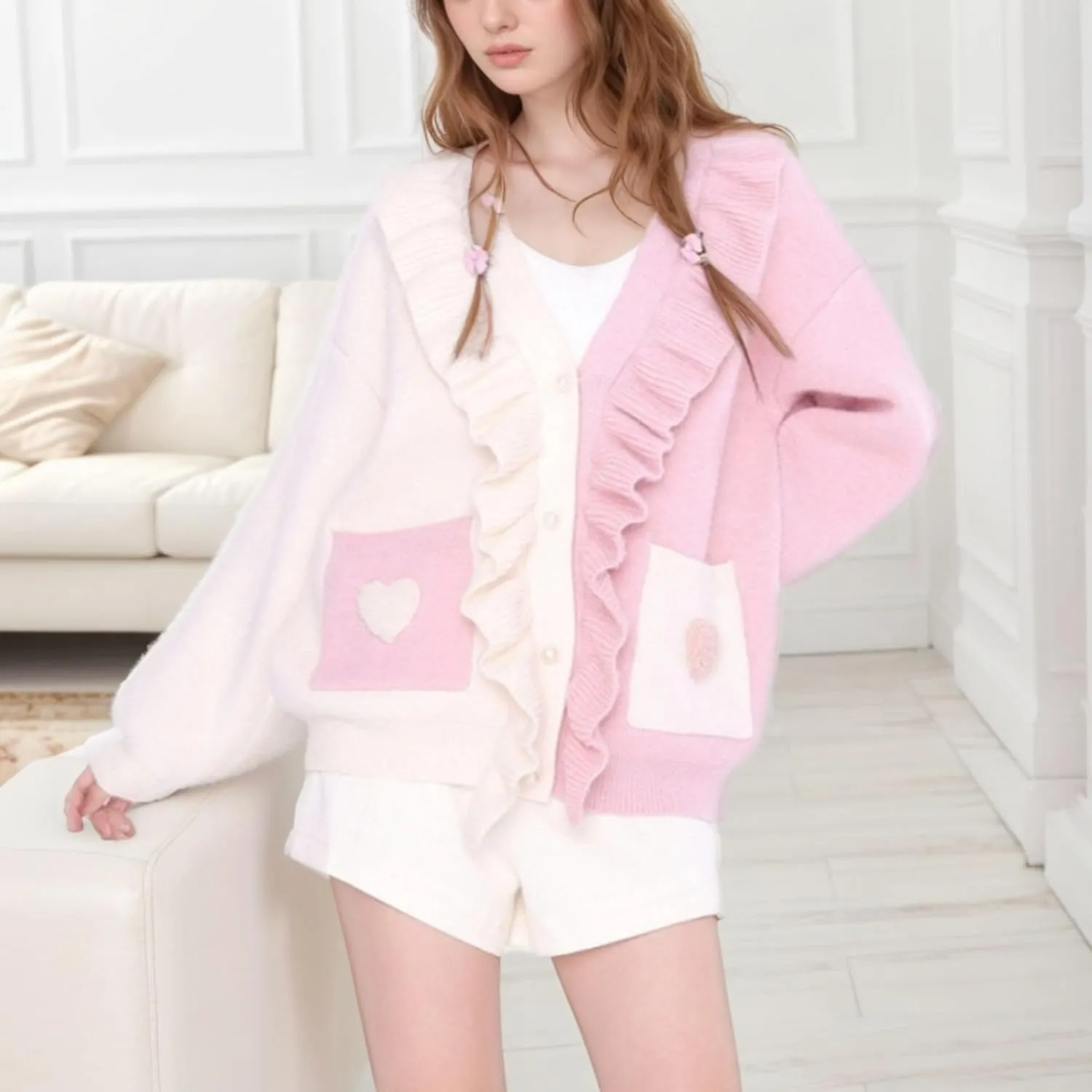 FindThy Womens Kawaii Heart Cardigan Long Sleeve Ruffle V Neck Button Up Sweater Cardigans