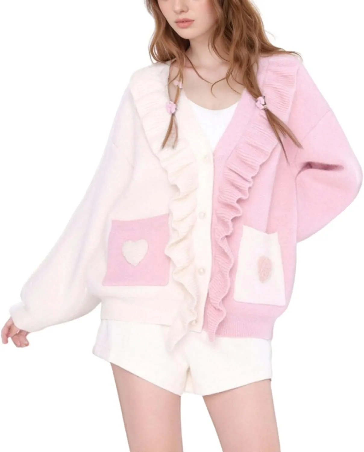 FindThy Womens Kawaii Heart Cardigan Long Sleeve Ruffle V Neck Button Up Sweater Cardigans