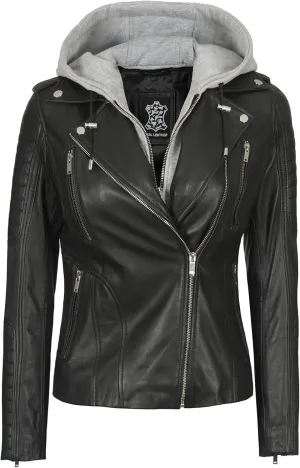 fjackets Leather Jackets For Women - Removable Hood & Bomber Real Lambskin Leather Jacket Womens