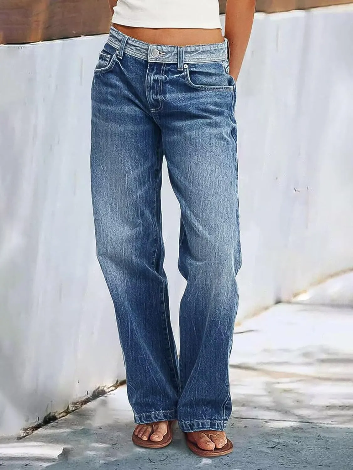Flamingals Low Waist Straight Leg Jeans for Women Vintage Wash Stretch Denim Pants