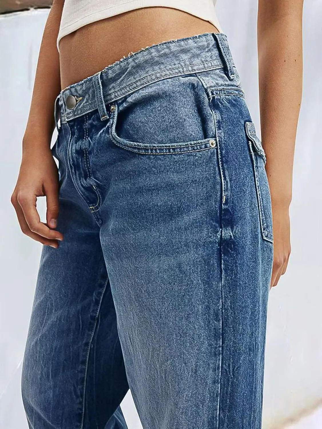 Flamingals Low Waist Straight Leg Jeans for Women Vintage Wash Stretch Denim Pants