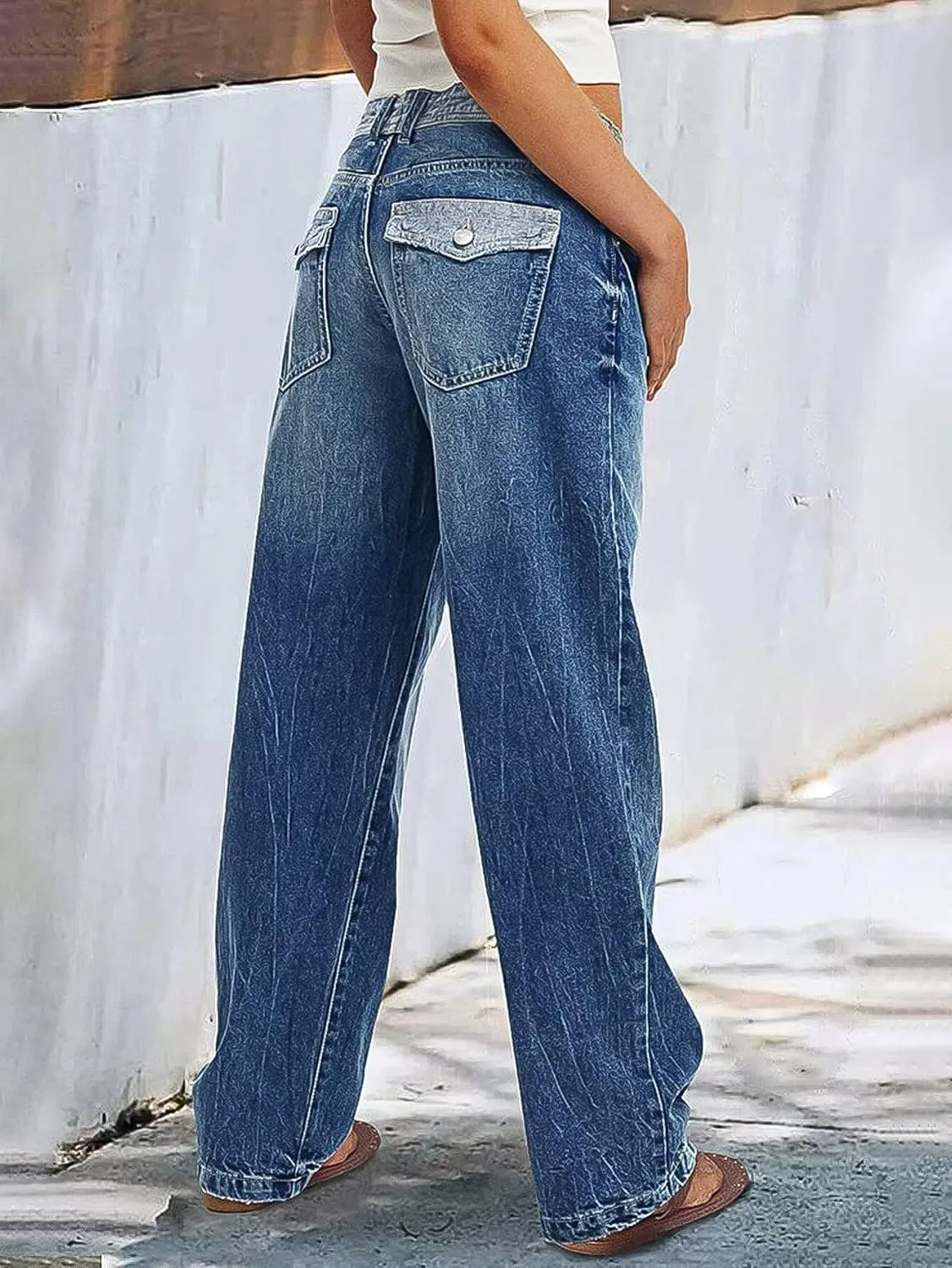 Flamingals Low Waist Straight Leg Jeans for Women Vintage Wash Stretch Denim Pants