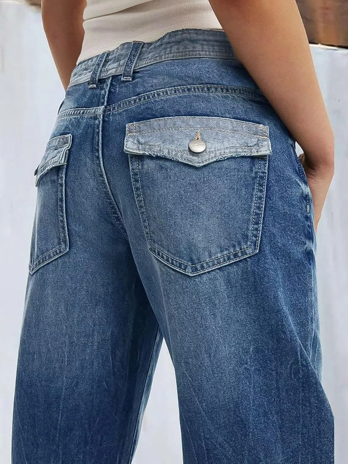 Flamingals Low Waist Straight Leg Jeans for Women Vintage Wash Stretch Denim Pants