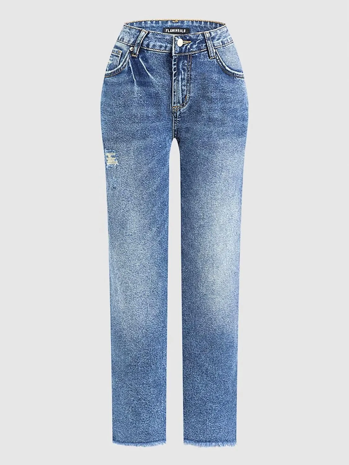 Flamingals Mid Rise Distressed Raw Hem Straight Leg Cropped Pants Summer Casual Streetwear
