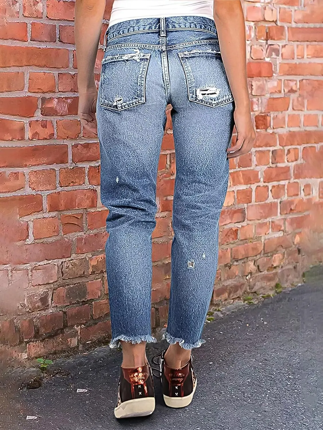 Flamingals Mid Rise Distressed Raw Hem Straight Leg Cropped Pants Summer Casual Streetwear
