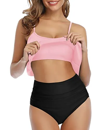 Flattering High Waisted Ruffle Ruched Women's Bikini Set-Pink And Black