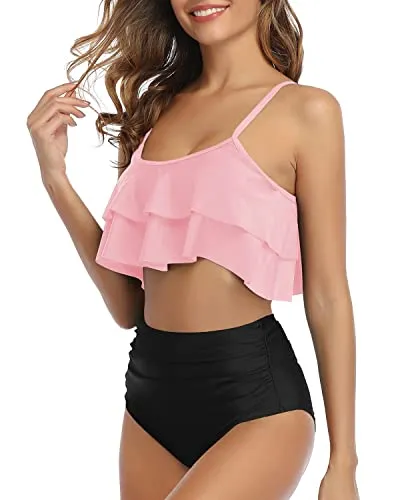Flattering High Waisted Ruffle Ruched Women's Bikini Set-Pink And Black