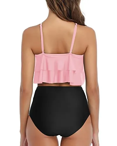 Flattering High Waisted Ruffle Ruched Women's Bikini Set-Pink And Black