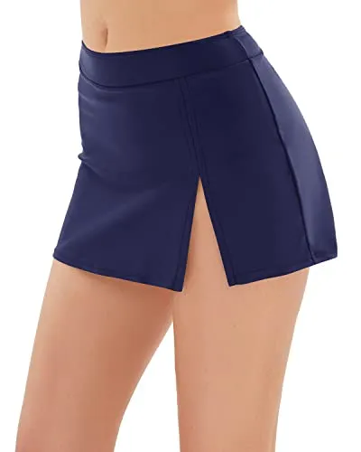 Flattering Mid Waist Swim Skirt For Women's Bathing Suit Bottoms-Navy Blue