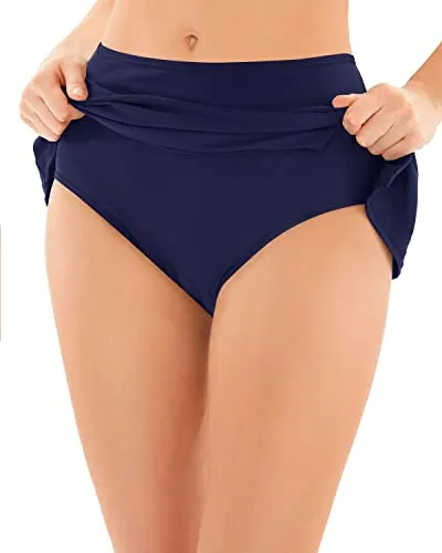 Flattering Mid Waist Swim Skirt For Women's Bathing Suit Bottoms-Navy Blue