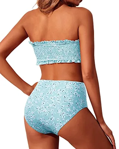 Flattering Off Shoulder Bikini Women's Smocked Bandeau Bikini Set Two Piece Swimsuits
