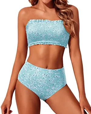 Flattering Off Shoulder Bikini Women's Smocked Bandeau Bikini Set Two Piece Swimsuits