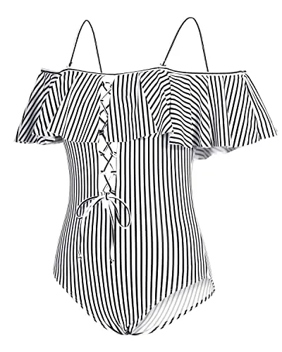 Flattering One Piece Lace Up Ruffled Bathing Suit-Black And White Stripe