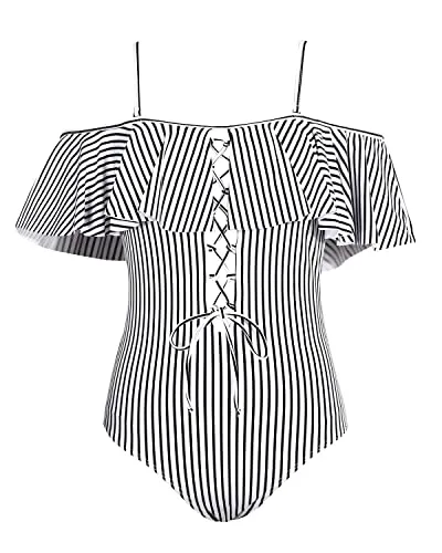 Flattering One Piece Lace Up Ruffled Bathing Suit-Black And White Stripe