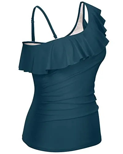 Flattering Padded One Shoulder Tankini Top For Women-Teal
