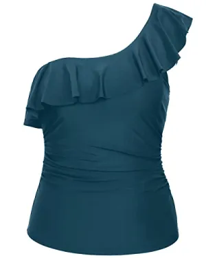 Flattering Padded One Shoulder Tankini Top For Women-Teal