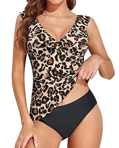 Flattering Ruffle Shoulders Two Piece Tankini Sets For Women-Black And Leopard