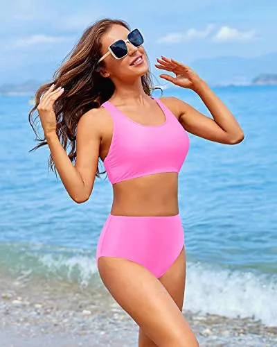 Flattering Teen Girls High Waisted Two Piece Bikini Sports Swimsuit-Light Pink