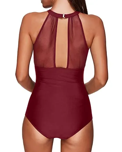 Flattering Tummy Control Plunge Neck Mesh One Piece Swimsuit For Women-Maroon