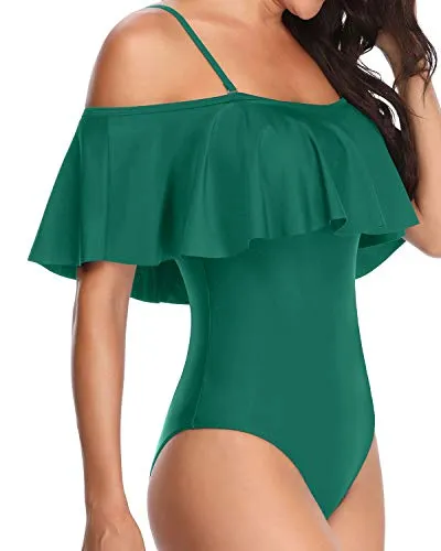 Flattering Vintage Off Shoulder One Piece Swimsuit-Emerald Green