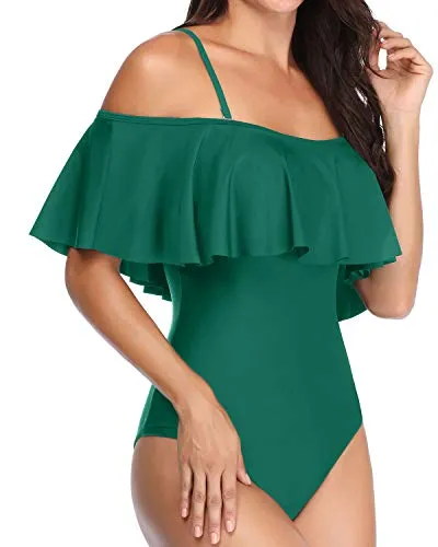 Flattering Vintage Off Shoulder One Piece Swimsuit-Emerald Green