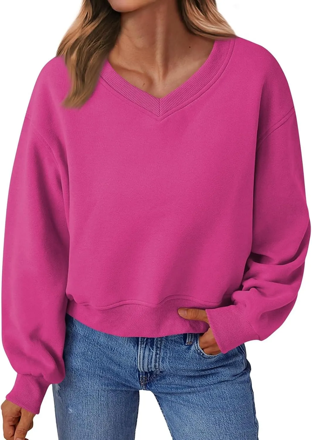 Fleece Pullover Women Oversized V Neck Cropped Sweatshirt Winter Casual Comfy Long Sleeve Sweaters Preppy Clothes