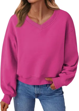 Fleece Pullover Women Oversized V Neck Cropped Sweatshirt Winter Casual Comfy Long Sleeve Sweaters Preppy Clothes