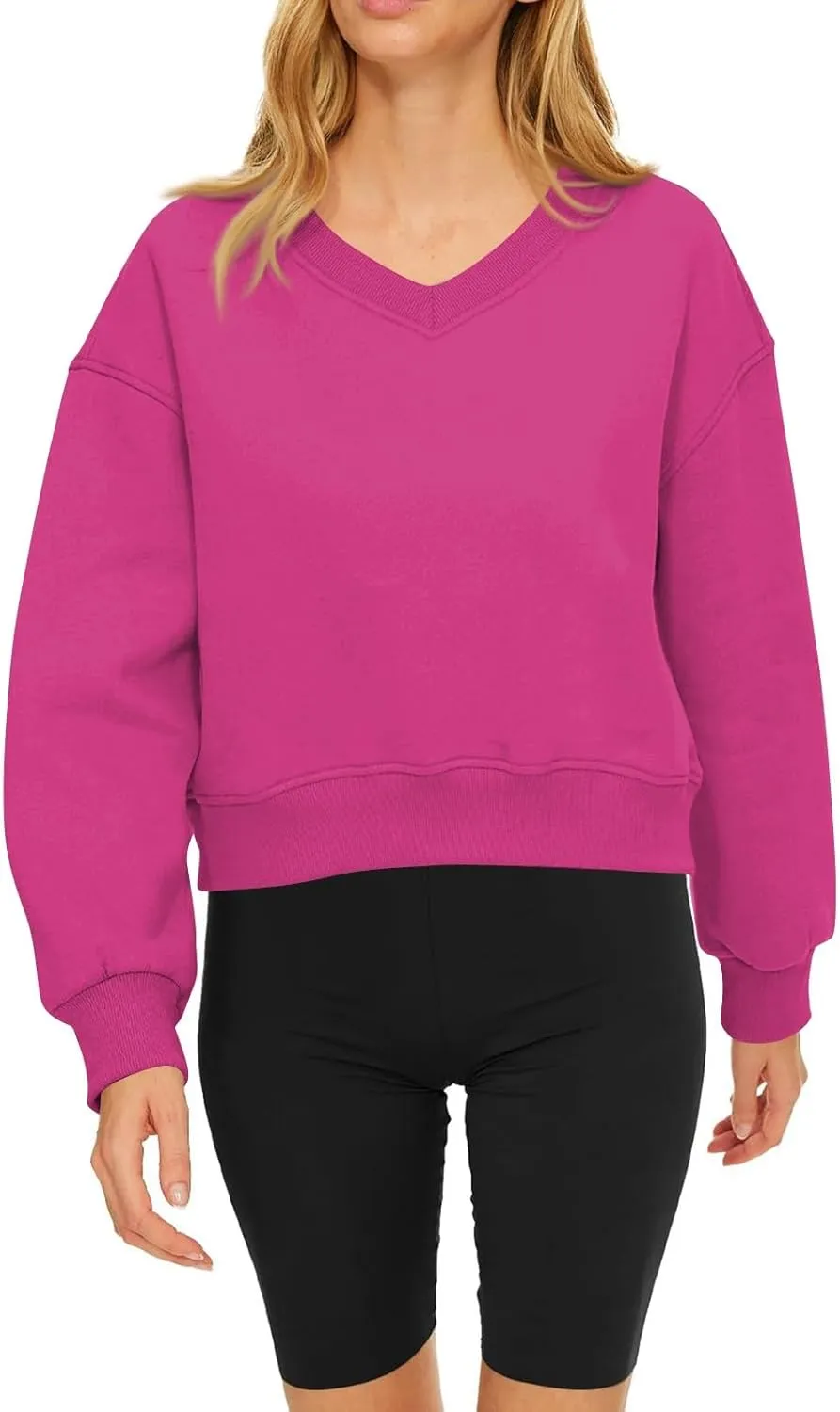 Fleece Pullover Women Oversized V Neck Cropped Sweatshirt Winter Casual Comfy Long Sleeve Sweaters Preppy Clothes