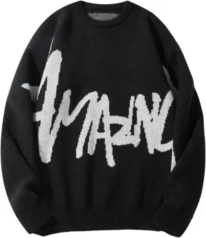 Floerns Men's Letter Print Long Sleeve Knit Wear Crewneck Pullover Sweaters