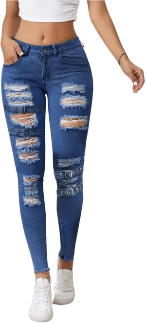 Floerns Women's Ripped Distressed High Waist Jeans Stretch Denim Pants